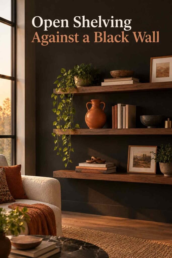 Floating shelf with books and a terracotta vase styled against a matte black living room wall.