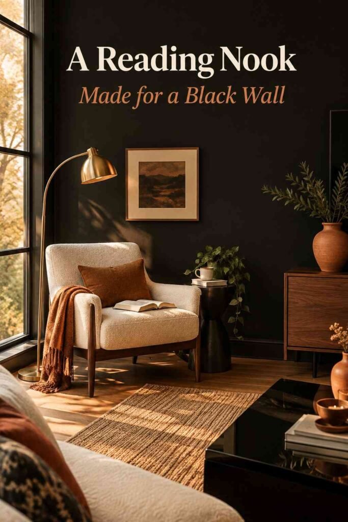 Cozy reading corner with an armchair and brass floor lamp set against a black accent wall.