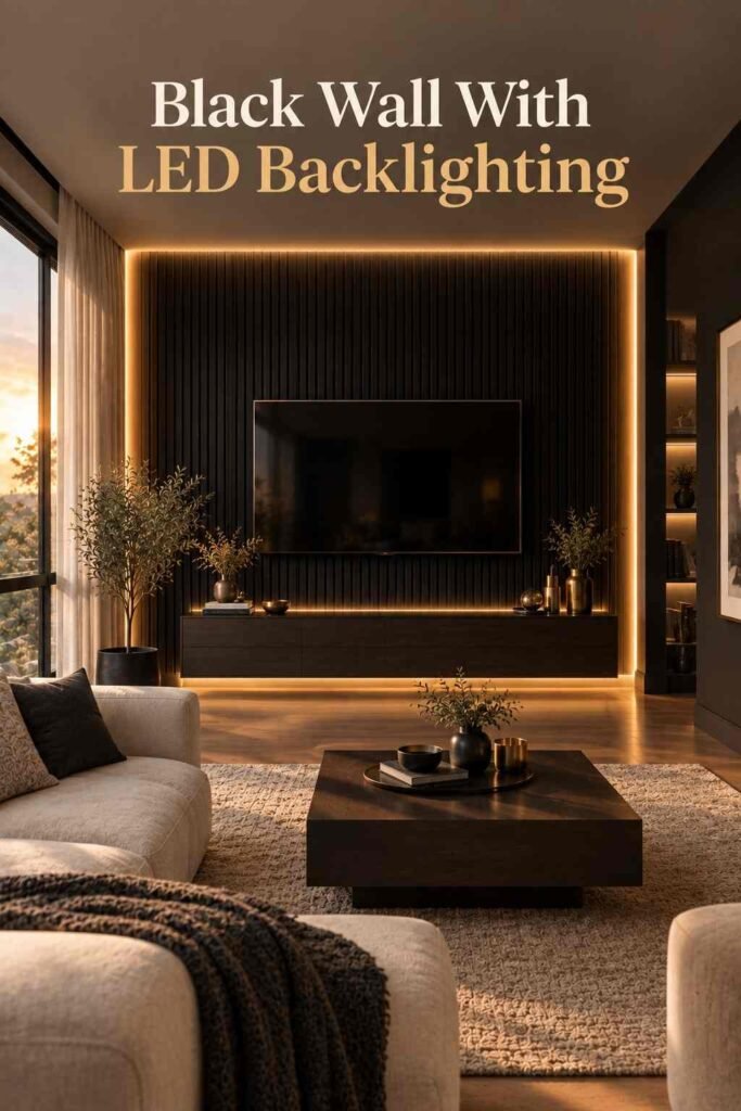 Modern living room with a black slat TV wall illuminated by warm LED backlighting and surrounded by neutral furnishings.
