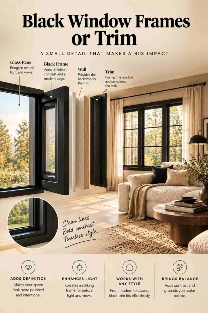 Exploded-view illustration of black window frames and trim in a warm beige living room with black-framed windows and neutral furnishings.