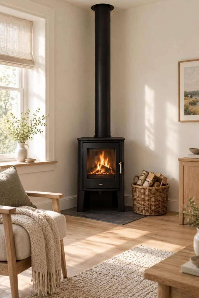 26 Scandinavian Cottage Interior Design Ideas for a Warm, Nordic, Light-Filled Home 6 Black wood-burning stove with stacked birch logs in a white Nordic cottage