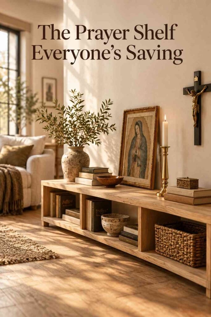 Blonde wood shelf styled with a framed icon, gold candlestick, and small vase in a neutral living room corner.
