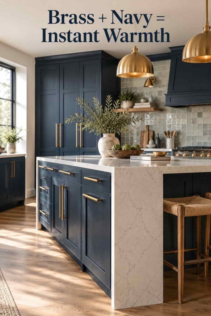 Close-up of brass cabinet pulls against navy blue island cabinetry with a quartz waterfall edge.