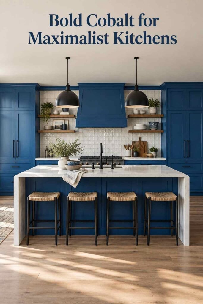 Cobalt blue kitchen cabinets with matte black pendant lighting and white quartz countertops.