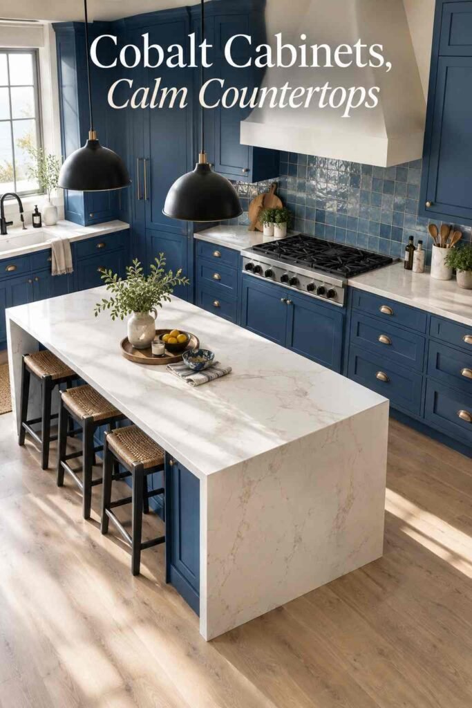 Overhead view of cobalt blue kitchen cabinetry, range hood, and white quartz island.