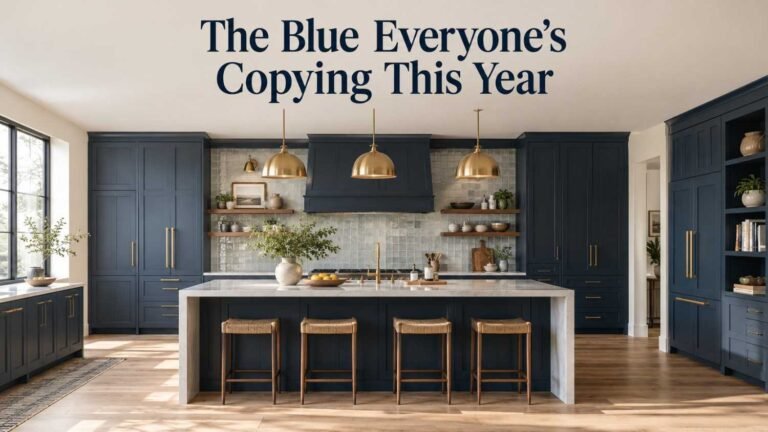 Navy blue kitchen with brass pendant lights, waterfall quartz island, and zellige tile backsplash.