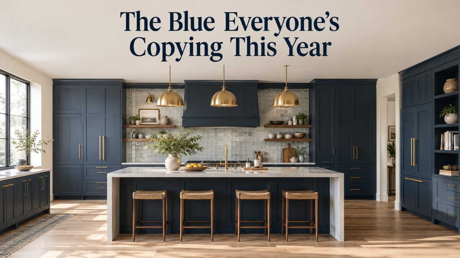 Navy blue kitchen with brass pendant lights, waterfall quartz island, and zellige tile backsplash.
