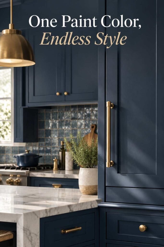Close-up of a navy blue shaker cabinet door with a brass pull and a small potted herb on the counter.