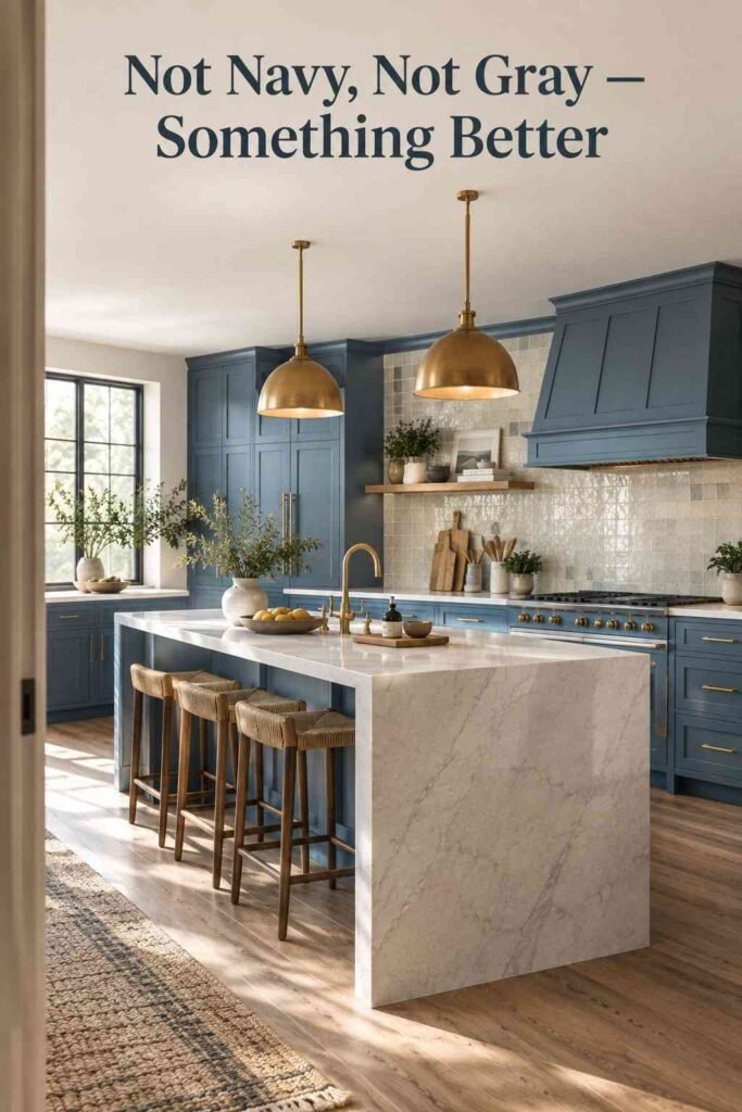Slate blue kitchen cabinets with charcoal accents and a cream quartz island in natural light.