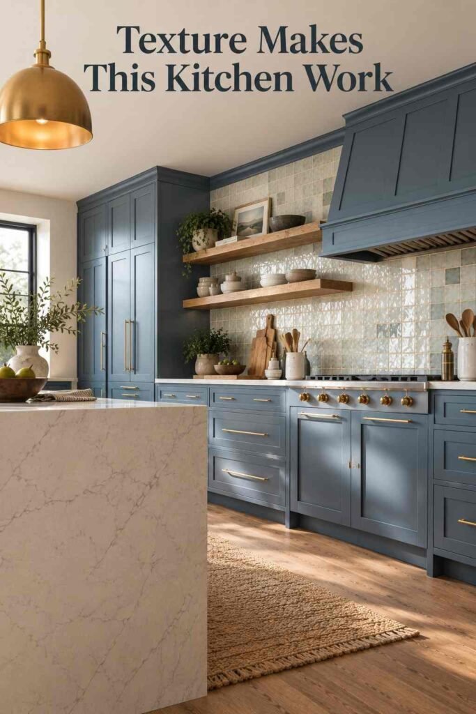 Handmade zellige tile backsplash and open wood shelving against slate blue cabinetry.