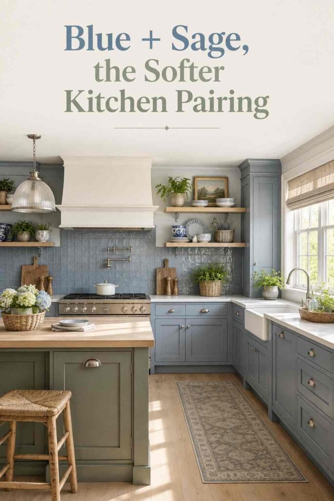 Blue Kitchen Ideas for 2026: Timeless Color Inspiration for Every Style 4 Cottage kitchen with dusty blue perimeter cabinets and a sage green island with a butcher block top.
