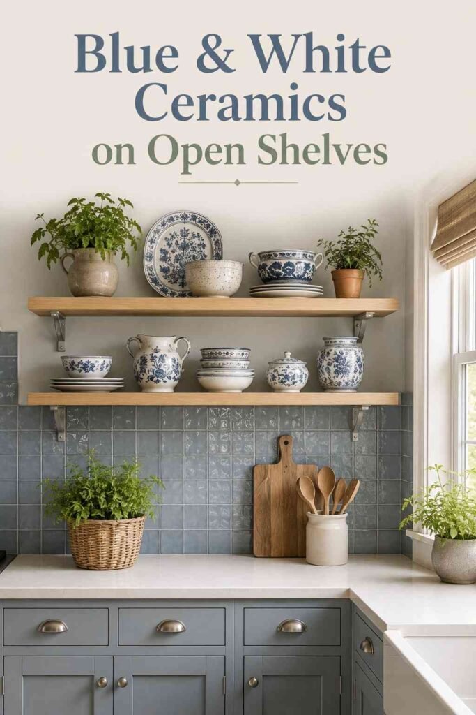 Blue Kitchen Ideas for 2026: Timeless Color Inspiration for Every Style 7 Open kitchen shelf styled with blue and white ceramics and a small potted herb plant.