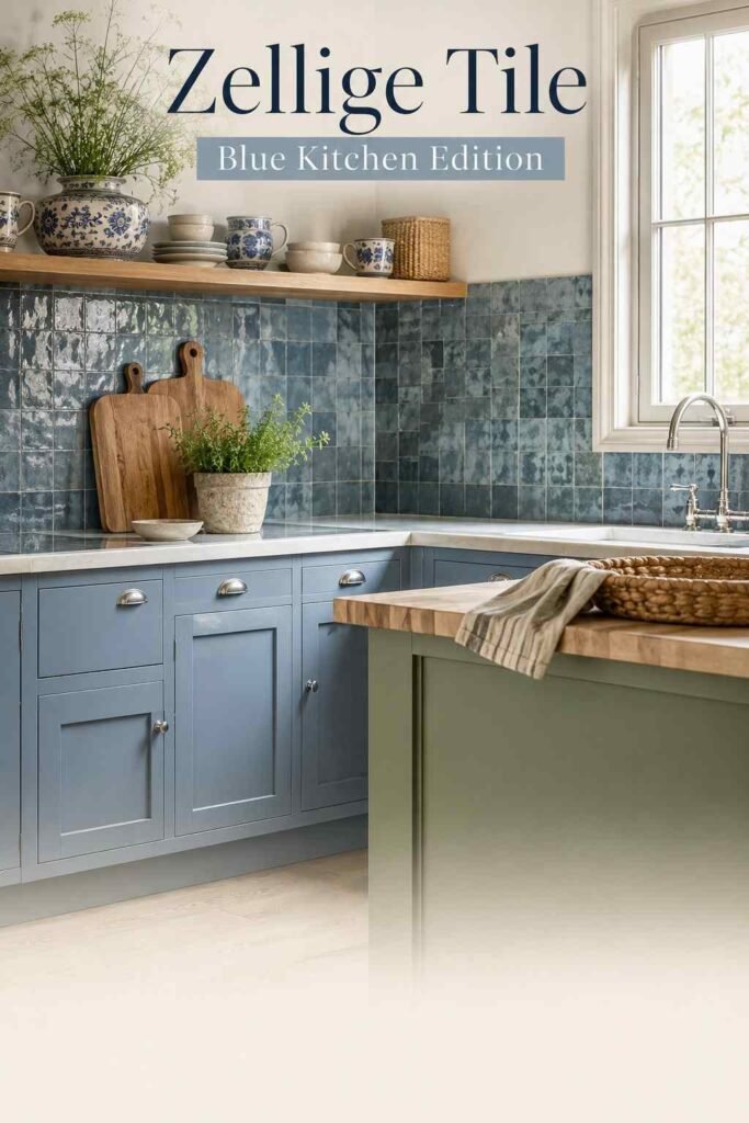 Blue Kitchen Ideas for 2026: Timeless Color Inspiration for Every Style 6 Close-up of handmade blue zellige tile backsplash with light reflecting off its glaze.