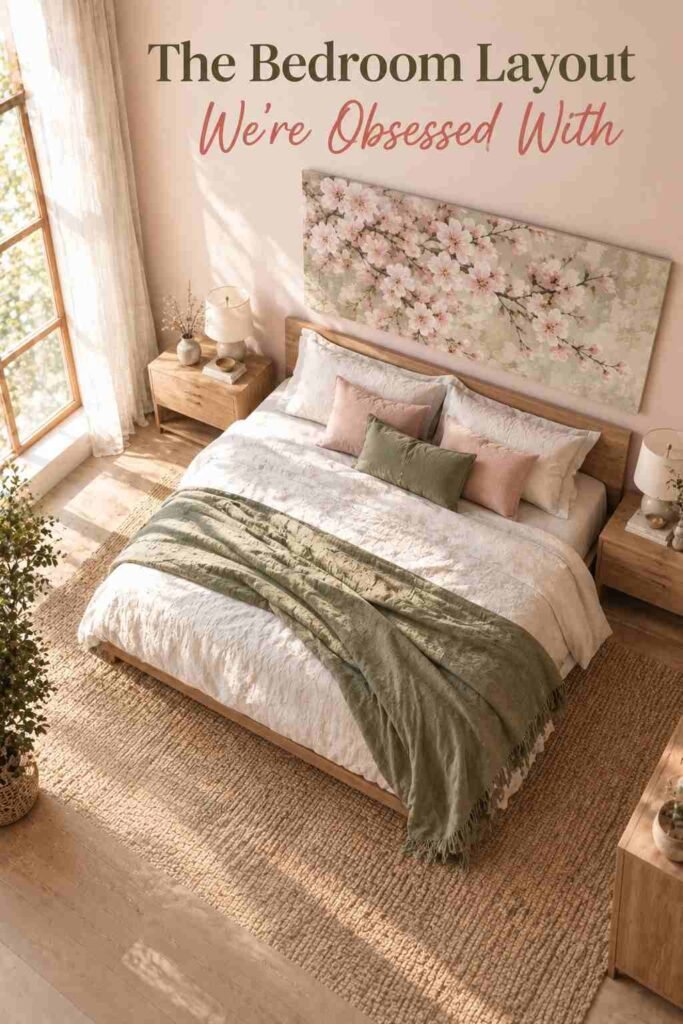 Overhead view of a bedroom bed and sage green throw facing a soft pink cherry blossom accent wall.