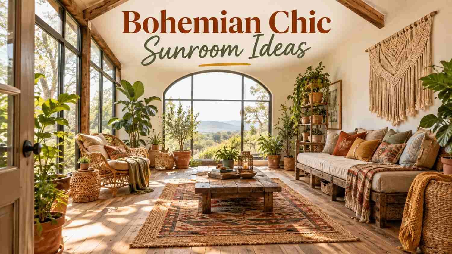 Bohemian chic sunroom with rattan chair, daybed, and layered rugs under natural light