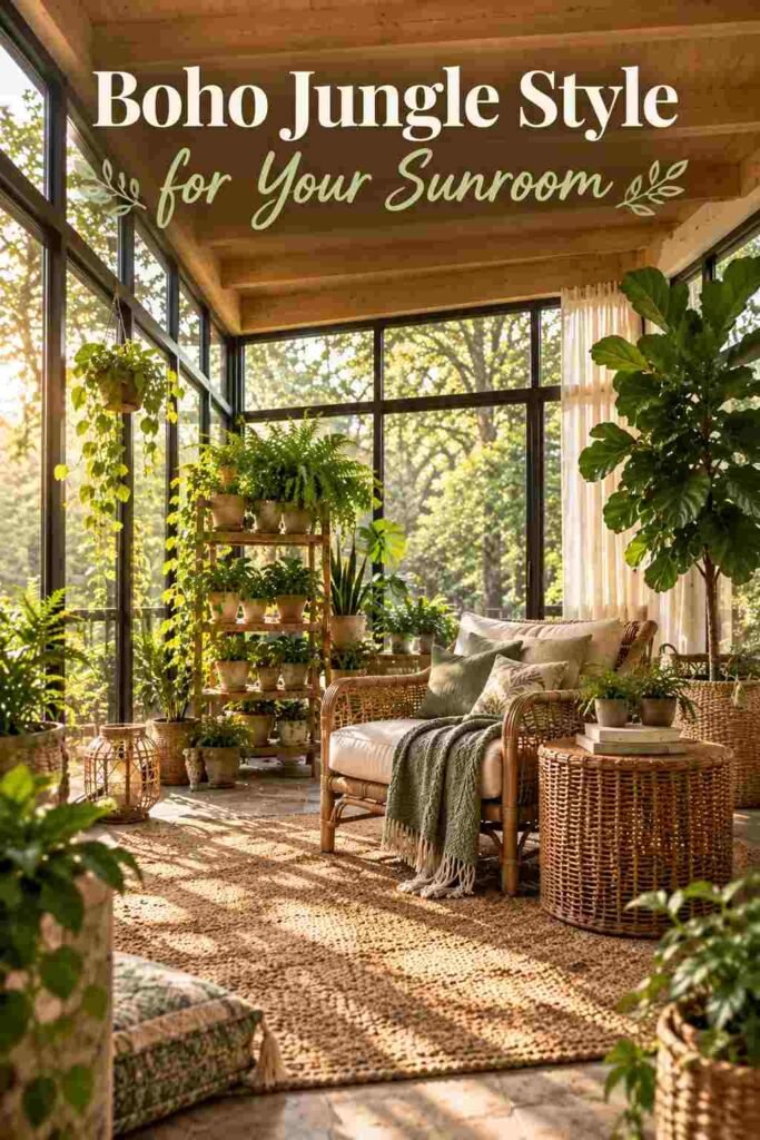 Sunroom styled in boho jungle theme with layered plants of different heights, rattan furniture, and woven textures.