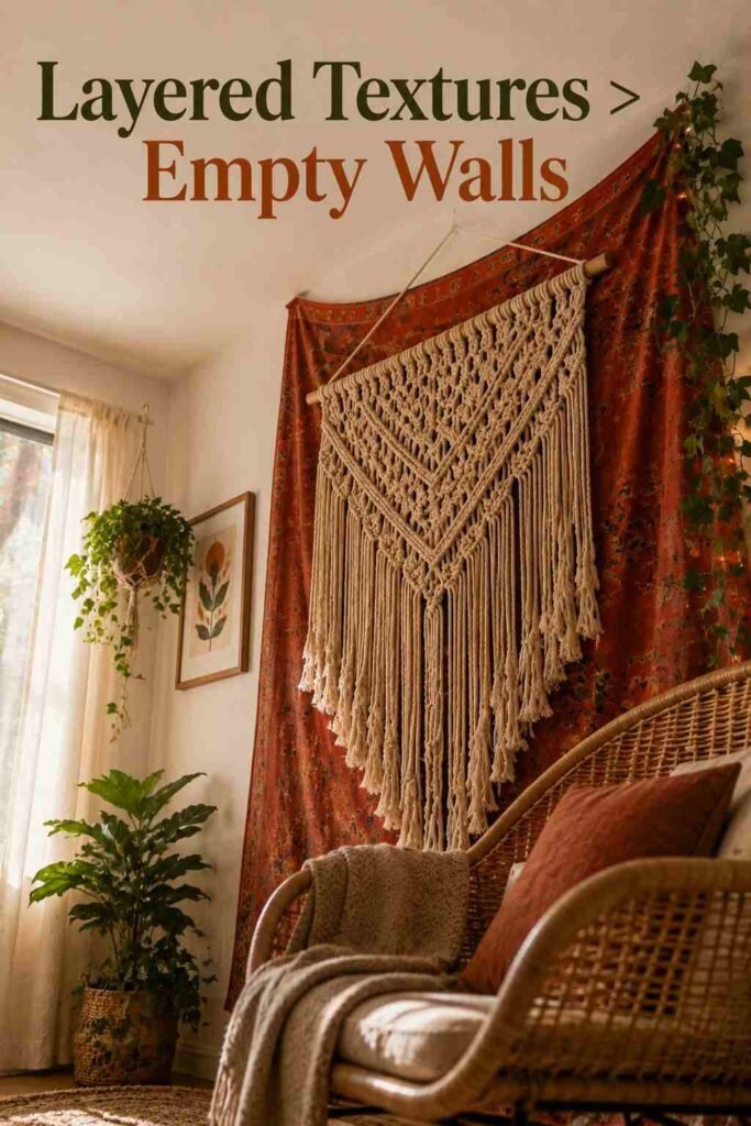 Macrame wall hanging layered over a rust-colored tapestry in a boho dorm room corner.