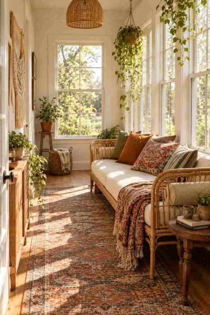 Boho-style indoor sunroom furniture with rattan daybed and layered textiles