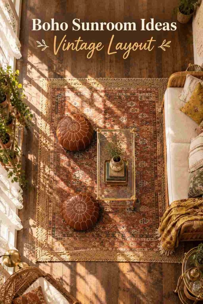 Boho Sunroom Ideas Vintage Lovers Will Adore 12 Overhead view of a kilim rug, brass and glass coffee table and two leather poufs on a wood plank floor.