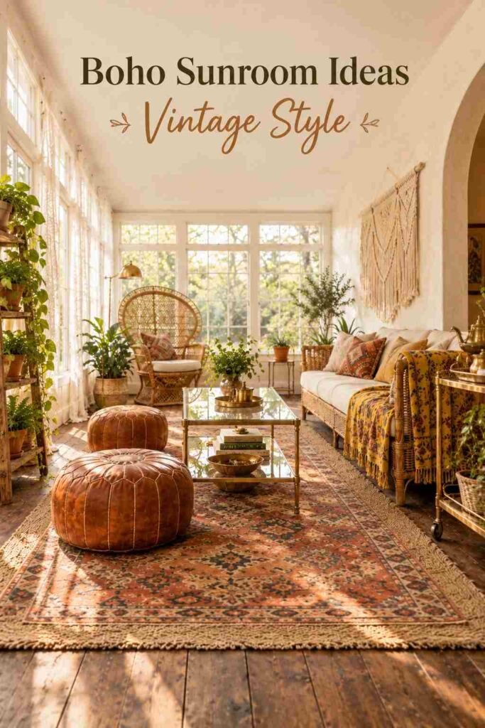 Boho Sunroom Ideas Vintage Lovers Will Adore 10 Low view down a glass-walled sunroom toward a rattan peacock chair and brass floor lamp.