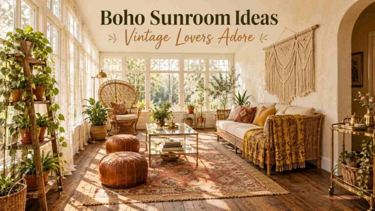 Sunlit vintage boho sunroom with a rattan sofa, layered kilim rug, peacock chair and hanging pothos.