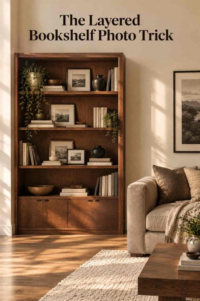 Small framed photos leaning against stacked books on an open walnut bookshelf.