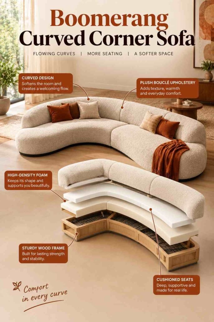 Corner Sofa Designs to Elevate Every Living Room in 2026 4 Boomerang curved corner sofa shown in an exploded view with bouclé upholstery, foam cushions, springs, and wood frame.