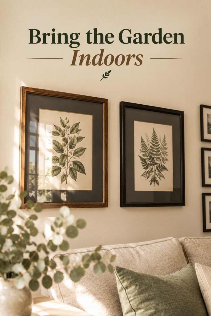 Picture Frame Wall Ideas to Turn Blank Walls Into Personal Stories 10 Two botanical leaf and fern prints in walnut and black frames with charcoal mats, with a blurred eucalyptus sprig in front.