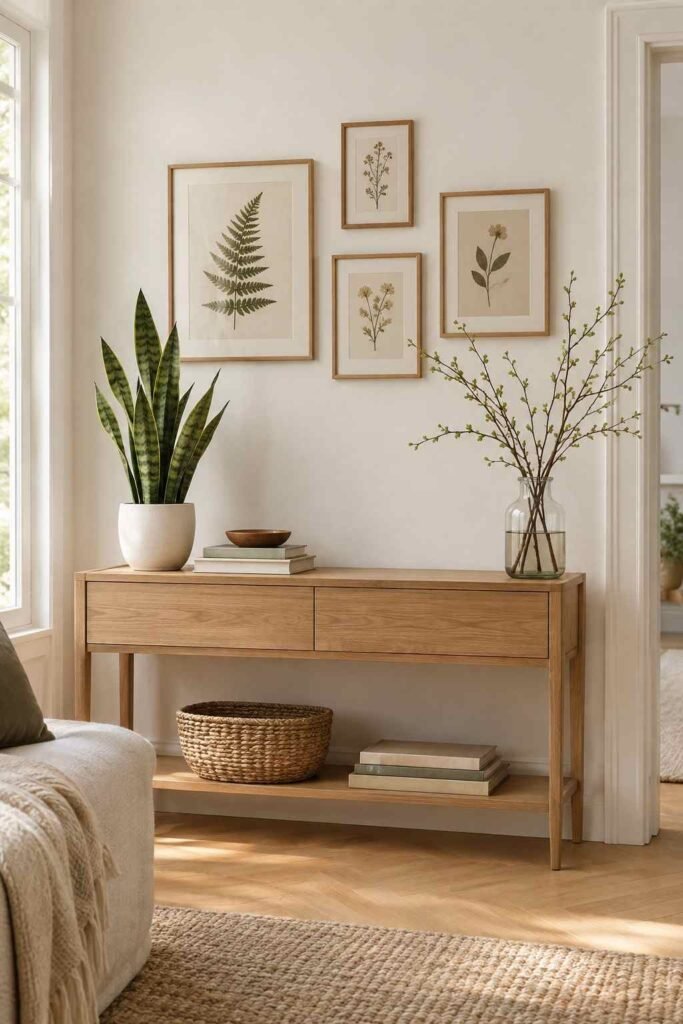 26 Scandinavian Cottage Interior Design Ideas for a Warm, Nordic, Light-Filled Home 19 Botanical prints in wooden frames above a console with a snake plant and cut branches