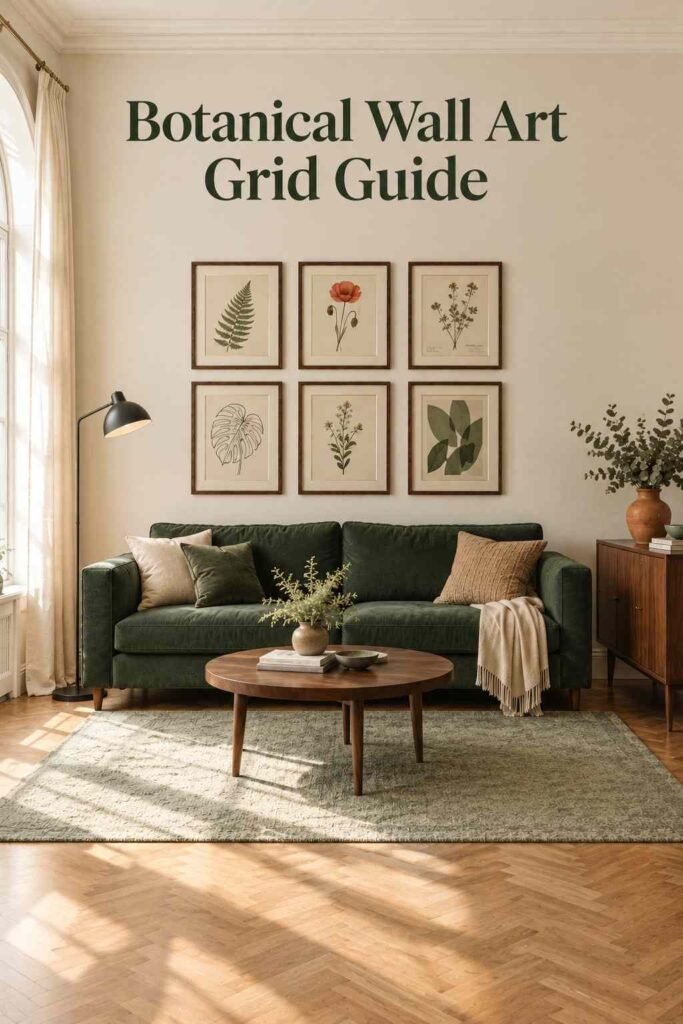 Six framed plant prints in walnut frames arranged in a grid with even gaps above a forest green sofa.