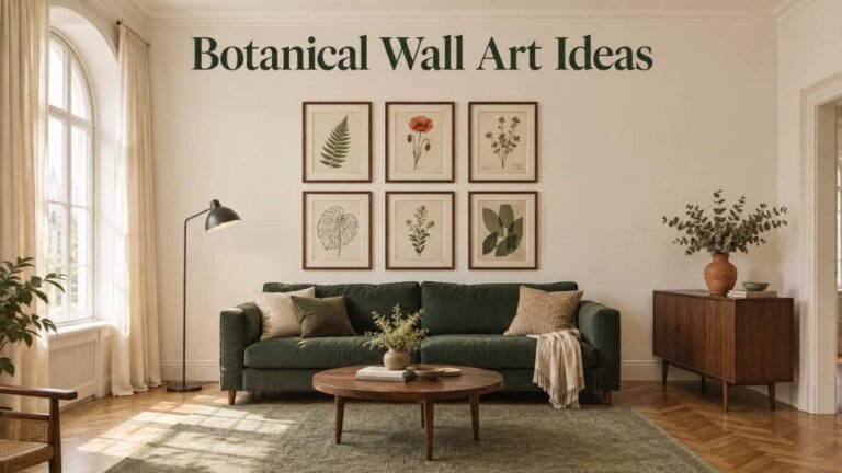 Living room with botanical wall art in walnut frames above a forest green sofa, beside an arched window with cream curtains.