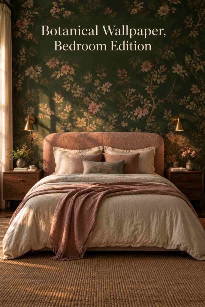 Feature Wall Bedroom Ideas: The Complete 2026 Guide to a Show-Stopping Statement Wall 2 Centered view of a green floral wallpaper wall with brass sconces symmetrically placed above a pink upholstered headboard.