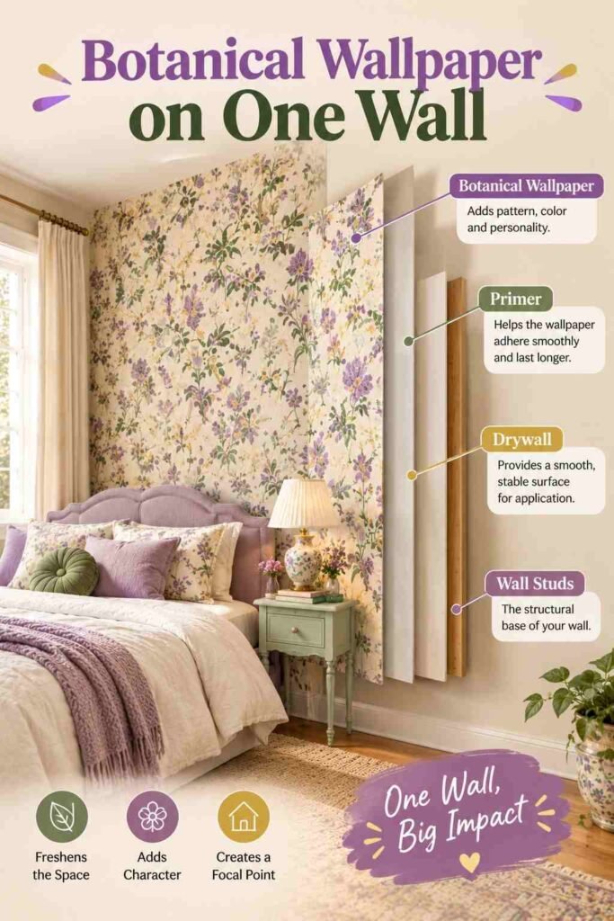 Botanical wallpaper accent wall in a whimsical lavender and cream bedroom shown in an exploded-view design.