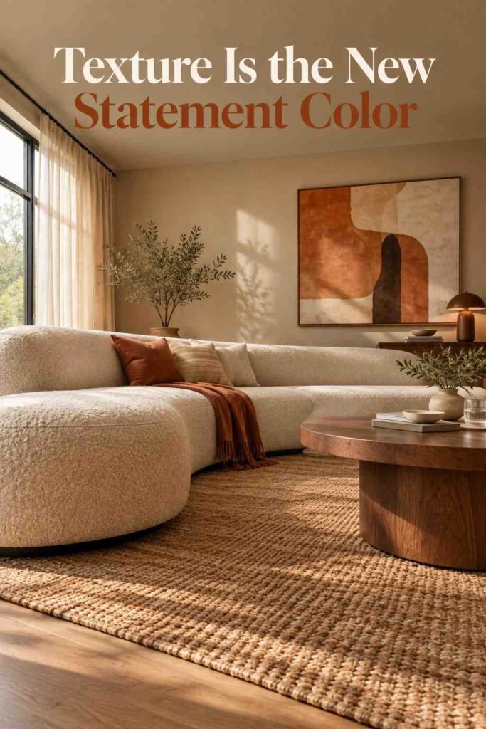 Corner Sofa Designs to Elevate Every Living Room in 2026 11 Close low-angle view of an oatmeal boucle corner sofa's textured upholstery in a sunlit living room.