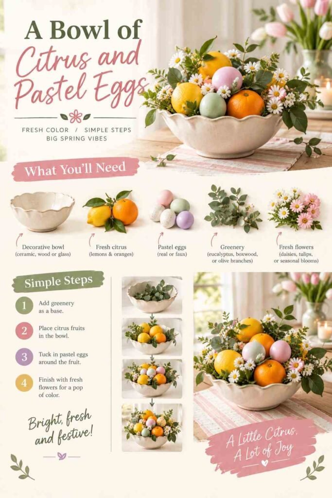 Fresh & Chic Easter Home Decor Ideas to Brighten Every Room This Spring 8 Decorative bowl filled with oranges, lemons, pastel Easter eggs, greenery, and fresh spring flowers.