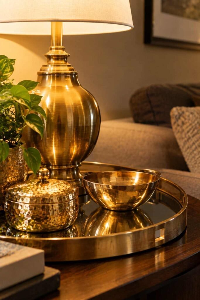 25 Dark Living Room Ideas to Brighten Your Home Without a Renovation 12 Brass lamp base and mirrored tray reflecting light on a living room side table