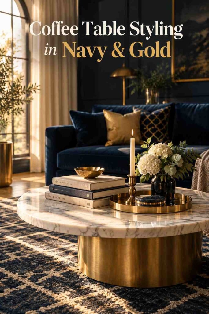 Navy velvet sofa styled with gold-piped ivory pillows and a mustard throw blanket.