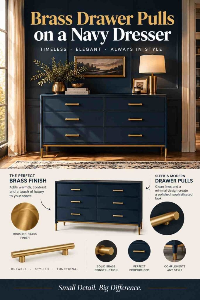 Brass drawer pulls on a navy dresser in an elegant modern bedroom.