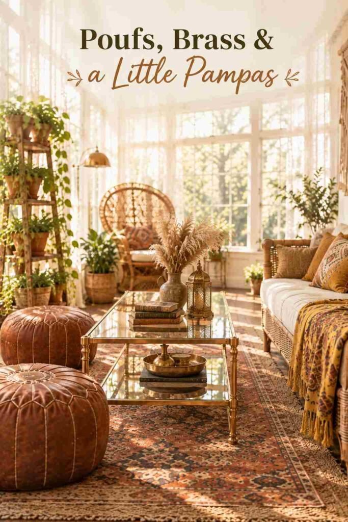 Boho Sunroom Ideas Vintage Lovers Will Adore 11 Brass and glass coffee table with dried pampas in a stoneware jug beside two leather poufs.