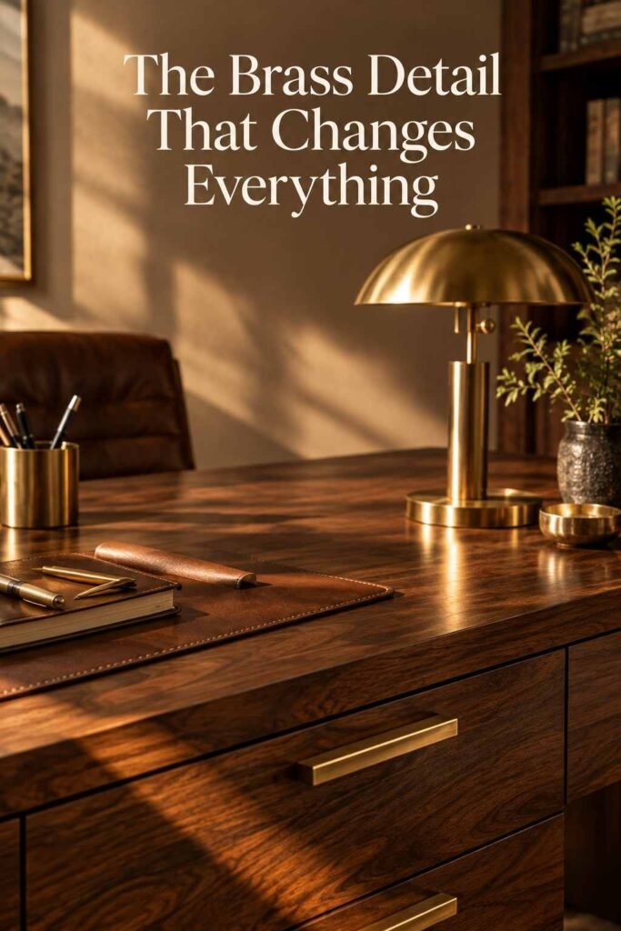 Luxury Home Office Aesthetic Ideas to Build a Refined Workspace at Home 4 Close-up of brass drawer hardware and a lamp base on a walnut desk with a leather desk pad.