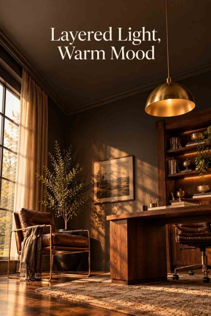 Luxury Home Office Aesthetic Ideas to Build a Refined Workspace at Home 5 Low-angle view of a brass lighting fixture against a charcoal accent wall in a warm-toned home office.