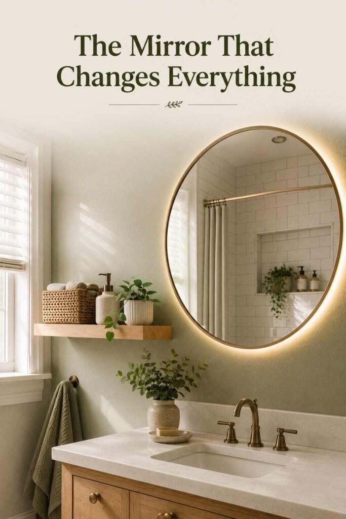 Apartment Bathroom Decor Ideas to Turn a Rental Into a Stylish Retreat 3 Round brass-framed bathroom mirror with warm accent lighting above a white tile vanity wall.