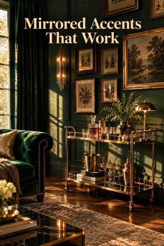 Brass and mirrored bar cart styled with glassware in a moody glam living room.