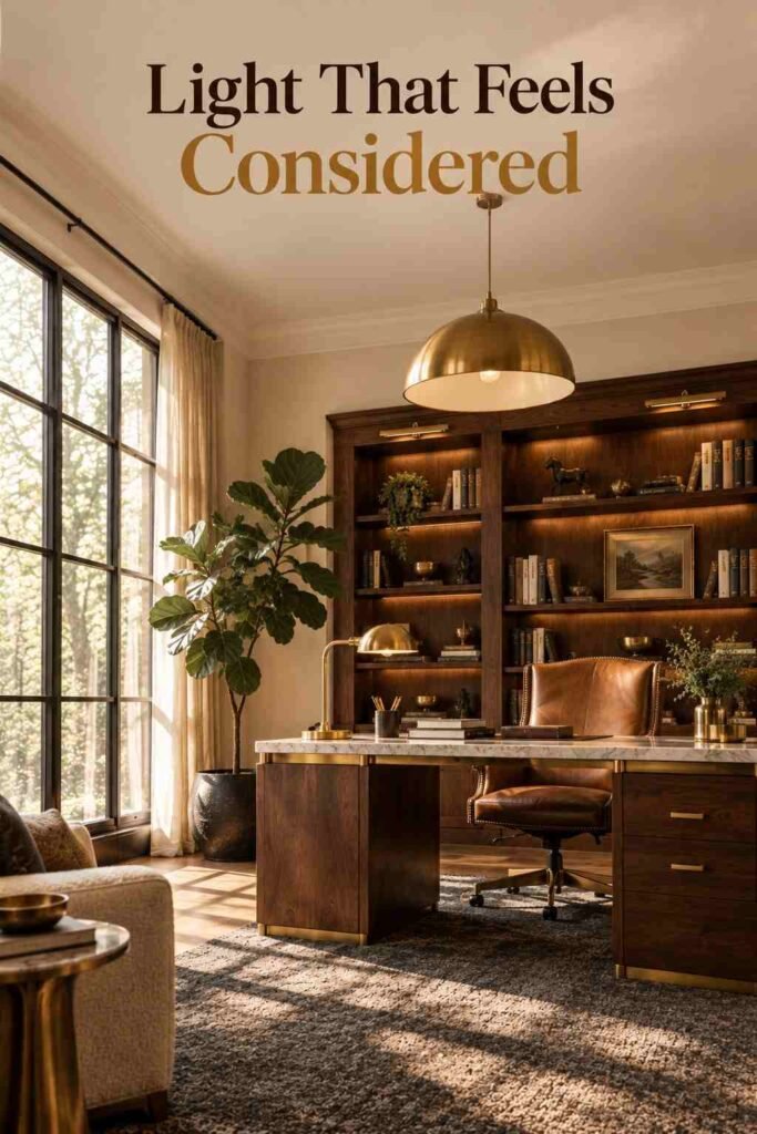 Luxury Home Office Ideas to Elevate Your Workspace in 2026 6 Brass pendant light hanging above a home office desk, layered with natural window light.