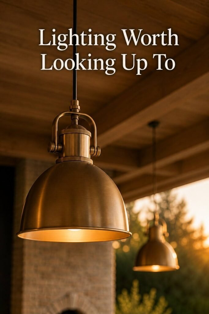 Luxury Outdoor Kitchen Ideas That Turn Your Backyard Into a Private Retreat 5 Brushed brass pendant light glowing warmly over a kitchen island, with a teak beam and a second pendant softly blurred behind.