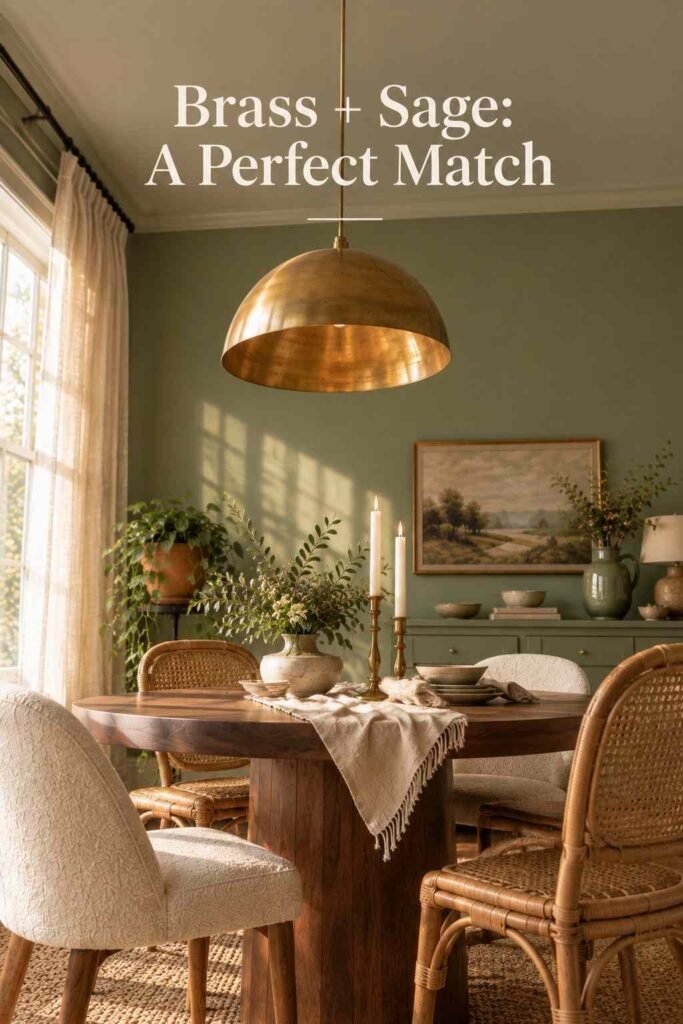 Brass pendant light hanging above a dining table in a sage green dining room.