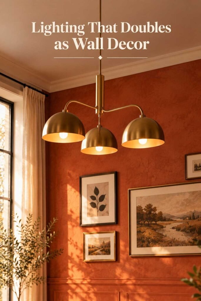 Brass three-arm pendant light glowing against a textured terracotta dining room wall.