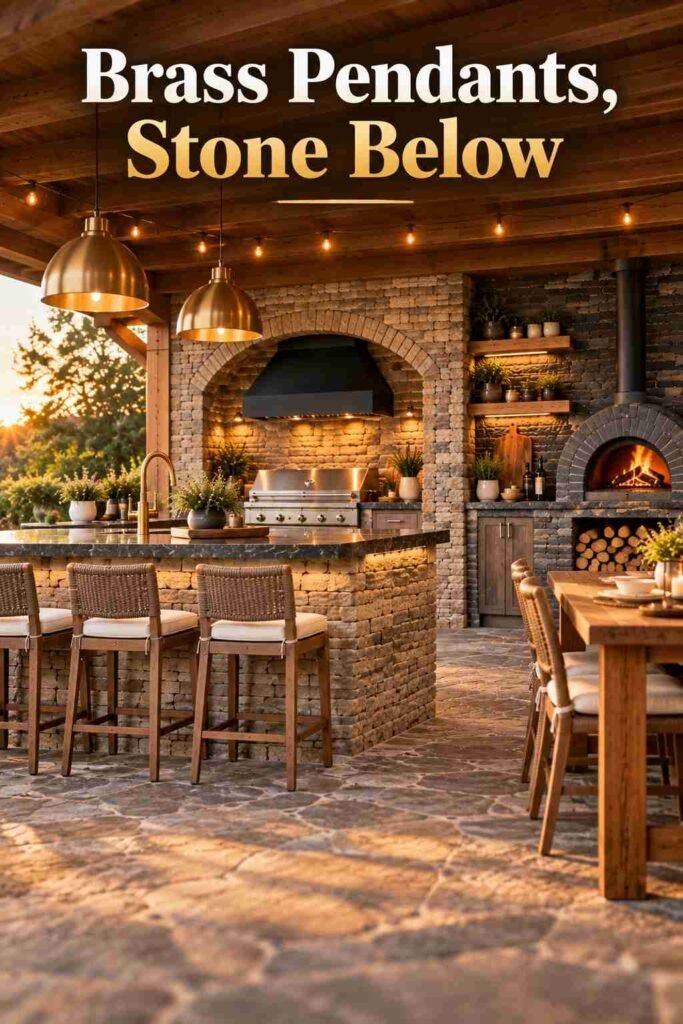 Brass pendant lights and string lights glowing above a ledgestone outdoor kitchen island with three cushioned stools.