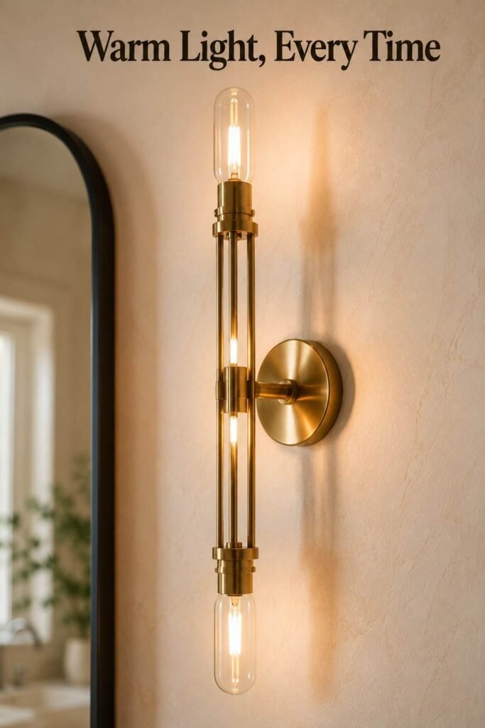 Close-up of a single brushed brass wall sconce glowing warmly against a cream wall.