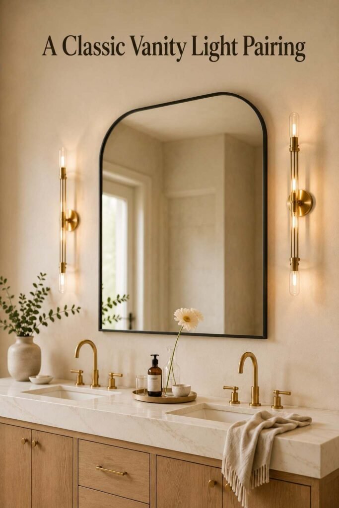 A pair of brass wall sconces flanking a mirror above a marble bathroom vanity.